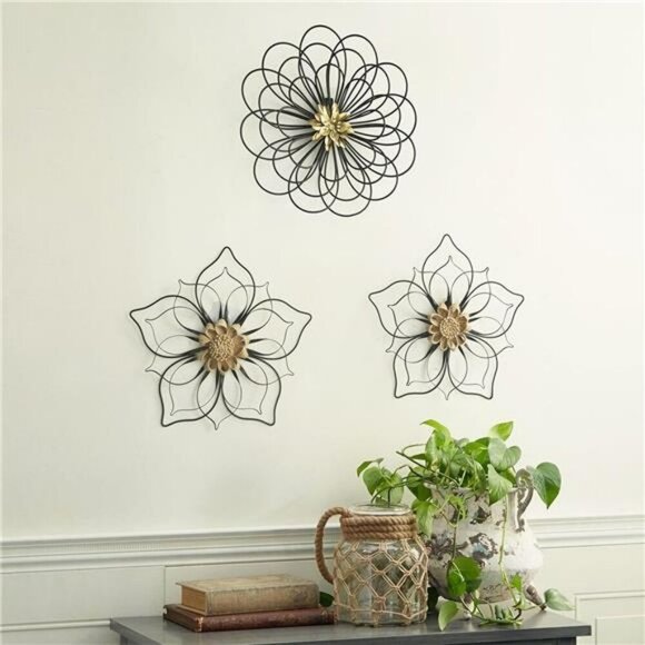 Metal Flower Wall Decor Black Gold Rustic Floral Art for Bathroom Living Room - Picture 6 of 7